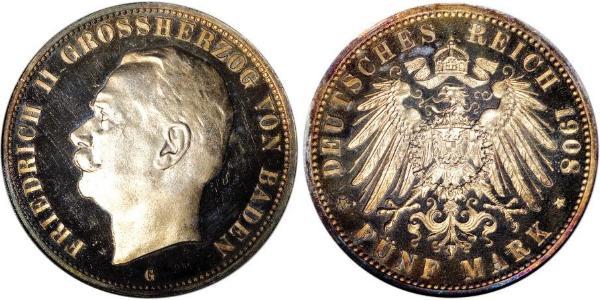 5 Марка Великое герцогство Баден (1806-1918) Серебро Frederick II, Grand Duke of Baden (1857 - 1928)
