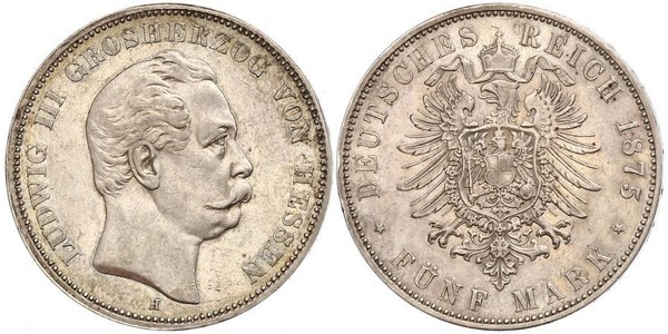 5 Марка Великое герцогство Гессен (1806 - 1918) Серебро Людвиг III (великий герцог Гессенский)
