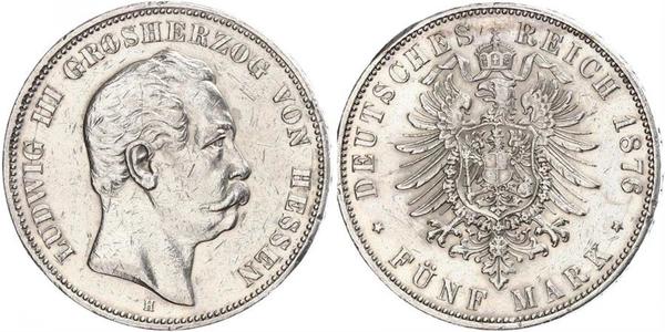 5 Марка Великое герцогство Гессен (1806 - 1918) Серебро Людвиг III (великий герцог Гессенский)