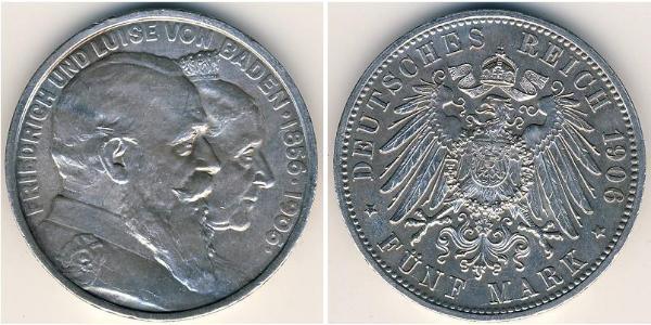 5 Марка Германская империя (1871-1918) / Великое герцогство Баден (1806-1918) Серебро Фридрих I (великий герцог Баденский) (1826 - 1907)