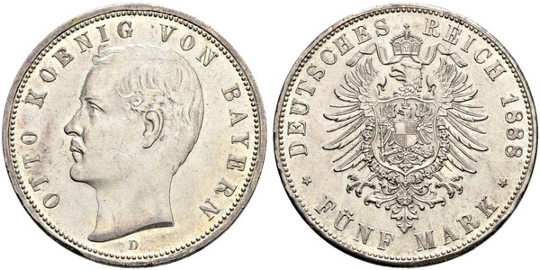 5 Марка Королевство Бавария (1806 - 1918) Серебро Отто I (король Баварии)(1848 – 1916)