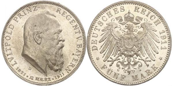 5 Марка Королевство Бавария (1806 - 1918) Серебро Отто I (король Баварии)(1848 – 1916)