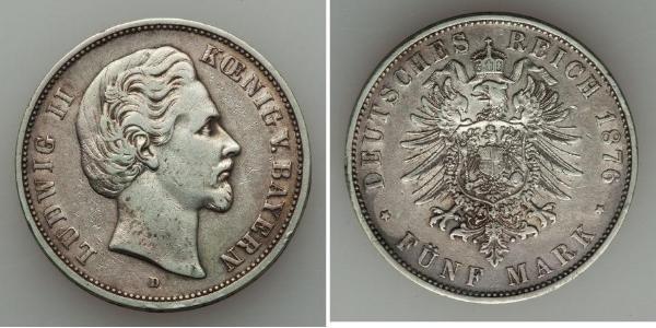 5 Марка Королевство Бавария (1806 - 1918) Серебро Людвиг II (король Баварии)(1845 – 1886)