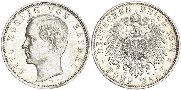 5 Марка Королевство Бавария (1806 - 1918) Серебро Отто I (король Баварии)(1848 – 1916)