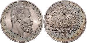 5 Марка Королевство Вюртемберг (1806-1918) Серебро Wilhelm II, German Emperor (1859-1941)