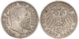 5 Марка Королевство Вюртемберг (1806-1918) Серебро Wilhelm II, German Emperor (1859-1941)