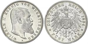 5 Марка Королевство Вюртемберг (1806-1918) Серебро Wilhelm II, German Emperor (1859-1941)
