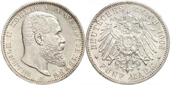 5 Марка Королевство Вюртемберг (1806-1918) Серебро Wilhelm II, German Emperor (1859-1941)