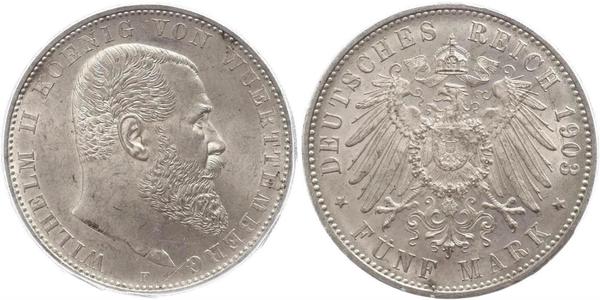 5 Марка Королевство Вюртемберг (1806-1918) Серебро Wilhelm II, German Emperor (1859-1941)