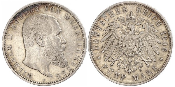 5 Марка Королевство Вюртемберг (1806-1918) Серебро Wilhelm II, German Emperor (1859-1941)