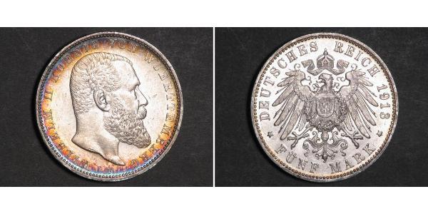 5 Марка Королевство Вюртемберг (1806-1918) Серебро Wilhelm II, German Emperor (1859-1941)