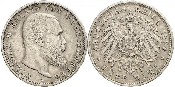 5 Марка Королевство Вюртемберг (1806-1918) Серебро Wilhelm II, German Emperor (1859-1941)