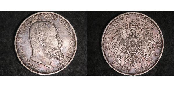 5 Марка Королевство Вюртемберг (1806-1918) Серебро Wilhelm II, German Emperor (1859-1941)