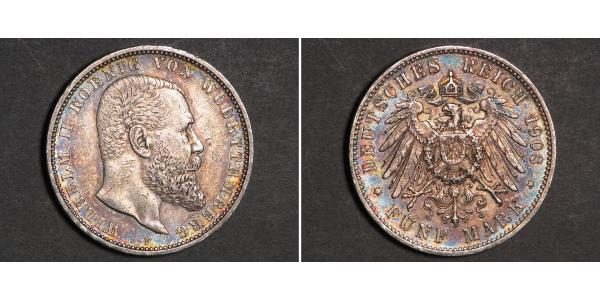 5 Марка Королевство Вюртемберг (1806-1918) Серебро Wilhelm II, German Emperor (1859-1941)