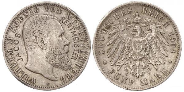 5 Марка Королевство Вюртемберг (1806-1918) Серебро Wilhelm II, German Emperor (1859-1941)