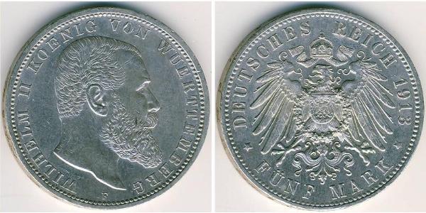 5 Марка Королевство Вюртемберг (1806-1918) Серебро Wilhelm II, German Emperor (1859-1941)