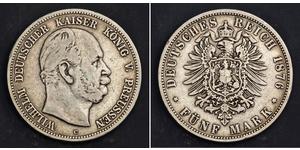 5 Марка Пруссия (королевство) (1701-1918) Серебро Wilhelm I, German Emperor (1797-1888)