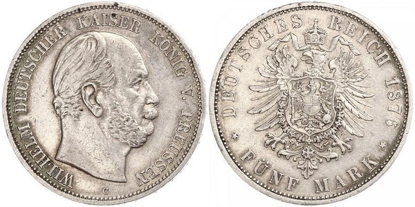 5 Марка Пруссия (королевство) (1701-1918) Серебро Wilhelm I, German Emperor (1797-1888)