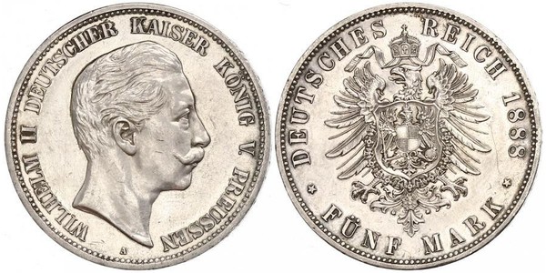 5 Марка Пруссия (королевство) (1701-1918) Серебро Wilhelm II, German Emperor (1859-1941)