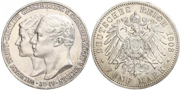 5 Марка Саксен-Веймар-Эйзенах (1809 - 1918) Серебро Вильгельм Эрнст Саксен-Веймар-Эйзенахский