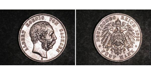 5 Марка Саксония (королевство) (1806 - 1918) Серебро Альберт (король Саксонии)