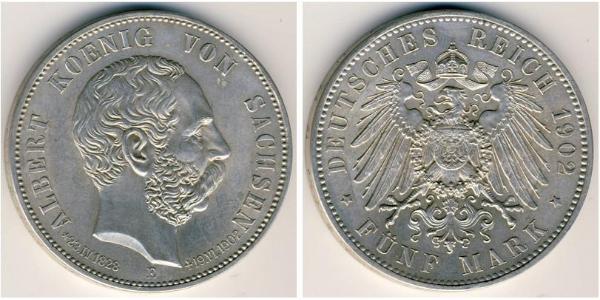 5 Марка Саксония (королевство) (1806 - 1918) Серебро Альберт (король Саксонии)