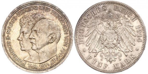 5 Марка Ангальт-Дессау (1603 -1863) Срібло Friedrich II, Duke of Anhalt (1856 – 1918)