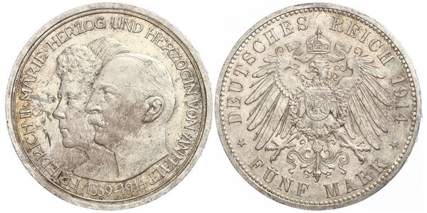 5 Марка Ангальт-Дессау (1603 -1863) Срібло Friedrich II, Duke of Anhalt (1856 – 1918)