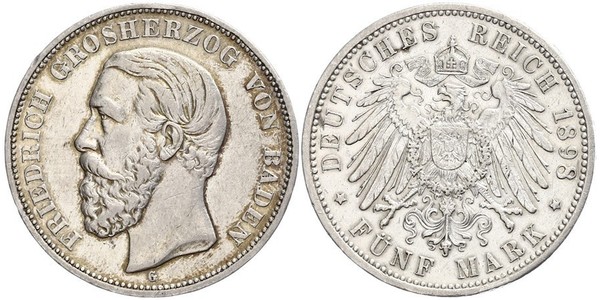5 Марка Велике герцогство Баден (1806-1918) Срібло Frederick I, Grand Duke of Baden (1826 - 1907)
