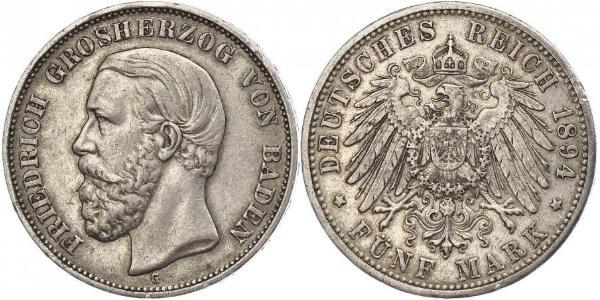 5 Марка Велике герцогство Баден (1806-1918) Срібло Frederick I, Grand Duke of Baden (1826 - 1907)