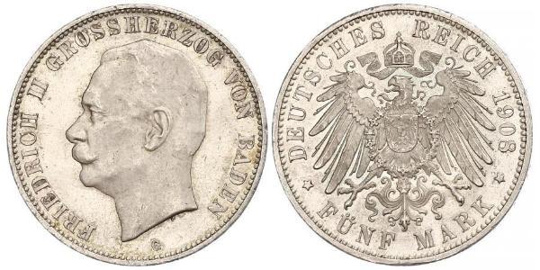 5 Марка Велике герцогство Баден (1806-1918) Срібло Frederick II, Grand Duke of Baden (1857 - 1928)