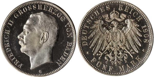 5 Марка Велике герцогство Баден (1806-1918) Срібло Frederick II, Grand Duke of Baden (1857 - 1928)
