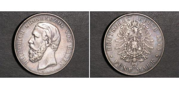 5 Марка Велике герцогство Баден (1806-1918) Срібло Frederick I, Grand Duke of Baden (1826 - 1907)