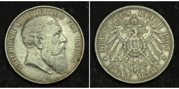 5 Марка Велике герцогство Баден (1806-1918) Срібло Frederick I, Grand Duke of Baden (1826 - 1907)