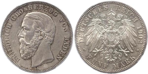 5 Марка Велике герцогство Баден (1806-1918) Срібло Frederick I, Grand Duke of Baden (1826 - 1907)