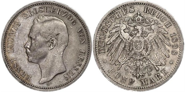 5 Марка Великое герцогство Гессен (1806 - 1918) Срібло Ernest Louis, Grand Duke of Hesse (1868 - 1937)