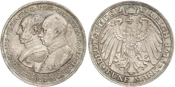 5 Марка Герцогство Мекленбург-Шверин (1352-1918) Срібло Frederick Francis IV, Grand Duke of Mecklenburg (1882 - 1945)