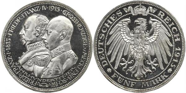 5 Марка Герцогство Мекленбург-Шверин (1352-1918) Срібло Frederick Francis IV, Grand Duke of Mecklenburg (1882 - 1945)