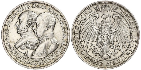 5 Марка Герцогство Мекленбург-Шверин (1352-1918) Срібло Frederick Francis IV, Grand Duke of Mecklenburg (1882 - 1945)