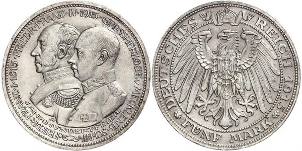 5 Марка Герцогство Мекленбург-Шверин (1352-1918) Срібло Frederick Francis IV, Grand Duke of Mecklenburg (1882 - 1945)
