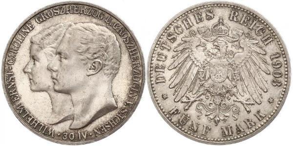 5 Марка Герцогство Саксен-Веймар-Ейзенахське (1809 - 1918) Срібло William Ernest, Grand Duke of Saxe-Weimar-Eisenach