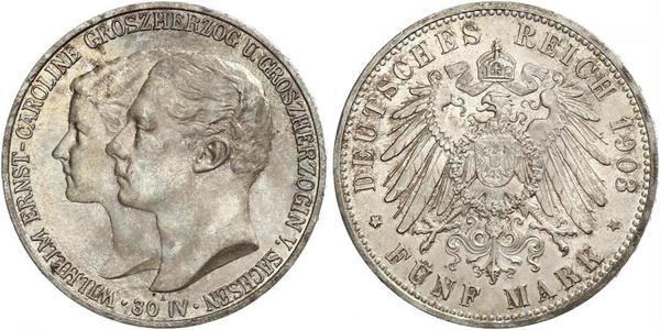 5 Марка Герцогство Саксен-Веймар-Ейзенахське (1809 - 1918) Срібло William Ernest, Grand Duke of Saxe-Weimar-Eisenach