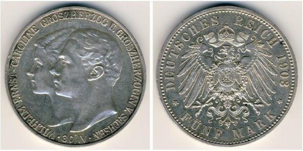 5 Марка Герцогство Саксен-Веймар-Ейзенахське (1809 - 1918) Срібло William Ernest, Grand Duke of Saxe-Weimar-Eisenach