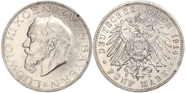 5 Марка Королівство Баварія (1806 - 1918) Срібло Людвіг III (король Баварії) (1845 – 1921)