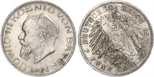 5 Марка Королівство Баварія (1806 - 1918) Срібло Людвіг III (король Баварії) (1845 – 1921)