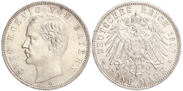 5 Марка Королівство Баварія (1806 - 1918) Срібло Otto of Bavaria (1848 – 1916)