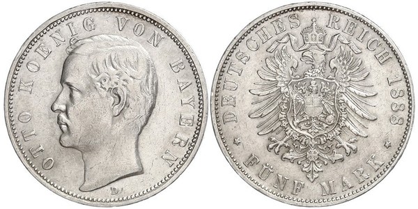 5 Марка Королівство Баварія (1806 - 1918) Срібло Otto of Bavaria (1848 – 1916)