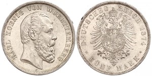 5 Марка Королівство Вюртемберг Срібло Charles I of Württemberg