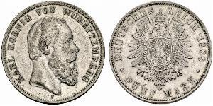 5 Марка Королівство Вюртемберг Срібло Charles I of Württemberg