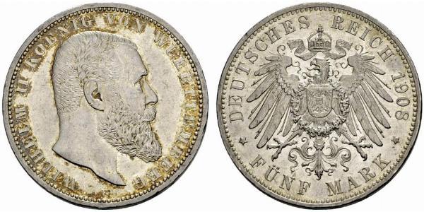5 Марка Королівство Вюртемберг Срібло Wilhelm II, German Emperor (1859-1941)